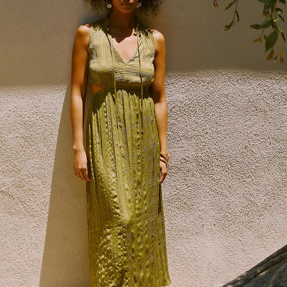 Olive-green Sarah Hann Textured Mock-Neck Cutout Dress from Anthropologie.